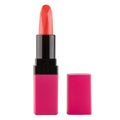 Open lipstick in a bright pink case on a white