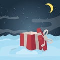 An open red New Year`s gift box with a ribbon on a dark winter night background. Vector illustration. Royalty Free Stock Photo