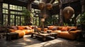 An Open Living Room with Various Couches and Planters in the Style of Orange and Brown Atmospheric and Dreamy Interior Background