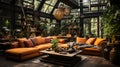 An Open Living Room with Various Couches and Planters in the Style of Orange and Brown Atmospheric and Dreamy Interior Background