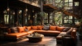 An Open Living Room with Various Couches and Planters in the Style of Orange and Brown Atmospheric and Dreamy Interior Background