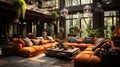 An Open Living Room with Various Couches and Planters in the Style of Orange and Brown Atmospheric and Dreamy Interior Background