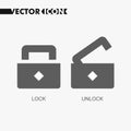 Open lock and close lock flat icons. Silhouette lock. Monochrome locks isolated on grey background. Vector set