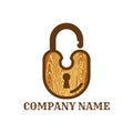 Open lock icon inside wood emblem. Security vector icon with a wooden model