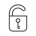 Open lock with key icon. Thin line art unlock logo. Black simple illustration. Contour isolated vector image on white background Royalty Free Stock Photo