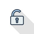 Open lock, password, access thin line flat color icon. Linear vector symbol. Colorful long shadow design.
