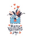 Open love letter with flowers inside over envelope vector illustration. Happy valentine`s day` hand lettering