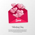 Open love letter, sweet pink envelope with 3d heart shape realistic for valentine`s day greeting card and invitation illustration
