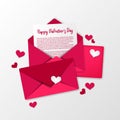 Open love letter, sweet pink envelope for valentine`s day greeting card and invitation illustration concept top view