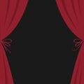 Open luxury red silk stage theatre curtain. Velvet scarlet curtains with bow. Flat design. Movie cinema premiere. Template. Black Royalty Free Stock Photo