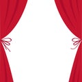 Open luxury red silk stage theatre curtain. Velvet scarlet curtains with bow. Flat design.
