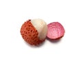 Open lychee fruit with white flesh on a white background
