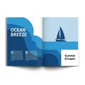 Open magazine layout with sailboat on ocean, abstract shapes, blue tones Royalty Free Stock Photo
