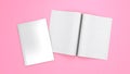 Open magazine mockup. Blank magazine template for copy space. Empty space in cover. Pink background. 3d render Royalty Free Stock Photo