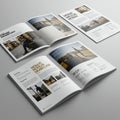 Open magazines displayed on a flat surface. Each magazine features modern design Royalty Free Stock Photo