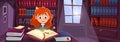 An open magic book in a fantasy library with a girl magician reading a spell Royalty Free Stock Photo