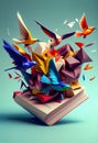 open magic book, with multicolored origami birds that fly out of its pages.. Generative AI Royalty Free Stock Photo