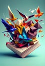 open magic book, with multicolored origami birds that fly out of its pages.. Generative AI