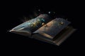 Open magic book with planets and galaxies levitation on black background