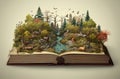 Open magic book showing a natural landscape. Generative AI Royalty Free Stock Photo