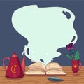 Open magic book with spells, quill pen, teapot and cup with flower on wooden table. Fairy tale theme. Hand drawn vector