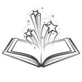 Open magic book with splattering stars, fairytale sorcery and mystic spells