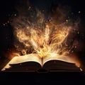 An open magical book with bright light coming out of it