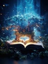 Open magical book that contains fantastic stories, Reading books and literature allows you to plunge into world of