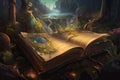 Open magical book with fantasy landscape over pages. Created with Generative AI Royalty Free Stock Photo