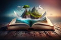 Open magical book with fantasy landscape over pages. Created with Generative AI Royalty Free Stock Photo