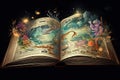 Open magical book with fantasy landscape over pages. Created with Generative AI