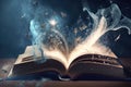 Open magical book with glowing lights over pages on abstract background. Fantasy reading. Created with Generative AI