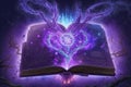 Open magical book with glowing lights over pages on abstract background. Fantasy reading. Created with Generative AI