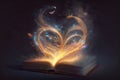 Open magical book with glowing lights over pages on abstract background. Fantasy reading. Created with Generative AI