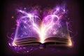 Open magical book with glowing lights over pages on abstract background. Fantasy reading. Created with Generative AI