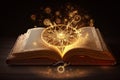 Open magical book with glowing lights over pages on abstract background. Fantasy reading. Created with Generative AI