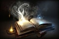 Open magical book with glowing lights over pages on abstract background. Fantasy reading. Created with Generative AI