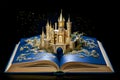 Open magical book with golden castle emerging from