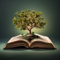 An open magical book with a tree growing out of it