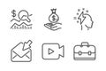 Open mail, Income money and Brainstorming icons set. Check investment, Video camera and Portfolio signs. Vector