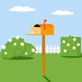 Open the mailbox with a letter set on green lawn grass shrubs and flowers. Vector, illustration EPS10. Royalty Free Stock Photo