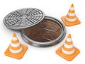 Open manhole and traffic cones. Under construction concept. 3D Royalty Free Stock Photo