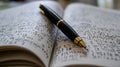 Open math and physics textbook with equations and a black pen in warm light Generative AI