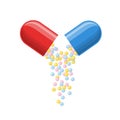 Open medical capsule with falling small balls of drug medical. Pharmacy and drugs symbols. Icons of pill. Medical vector