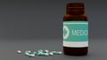 Open medicine bottle with green capsules on flat surface.