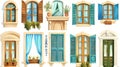 Open mediterranean wooden shuttered windows isolated on white background. Modern cartoon house window set with colored Royalty Free Stock Photo