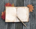 Open memory book and fallen leaves on planks Royalty Free Stock Photo