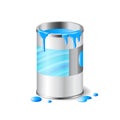 Open metal can of blue paint with drops isolated Royalty Free Stock Photo