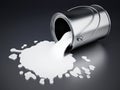 Open metal paint can with spilled white paint. 3D illustration