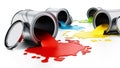 Open metal paint cans with spilled paints. 3D illustration